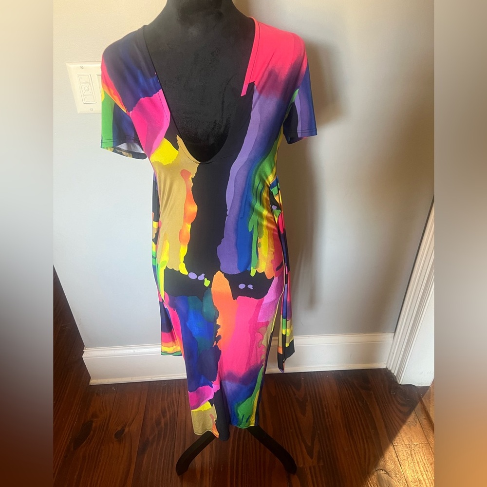 Multi color midi v-cut/ low cut stretch midi dress